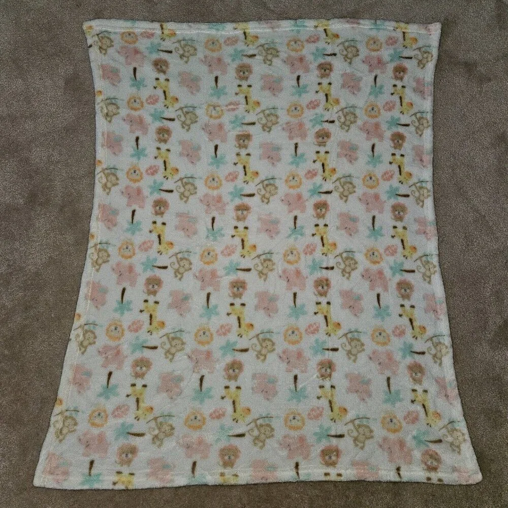 Baby Starters Safari Blanket Lion Giraffe Monkey Pink Elephant Palm Tree 30x36